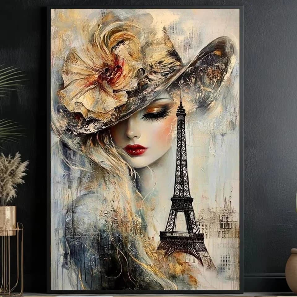 5D Diamond Painting Cross Stitch Full Diamond Mosaic Parisian Woman with Tower Artwork Embroidery Kit Rhinestone Home Decor Gift