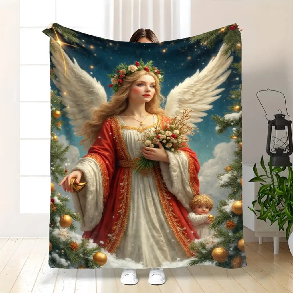 Luxury Soft Flannel Winter Angels Throw Blanket - 30s-Ply & White Angel Design with Holly Berries & Snowy Christmas Trees, All-S