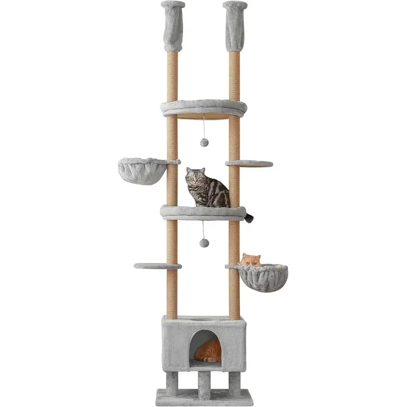 Cat Tree Floor to Ceiling Cat Tower Adjustable Height 92.9-102.4in=235-258cm 7 Tiers Cat Climbing Play House with Fully Sisal