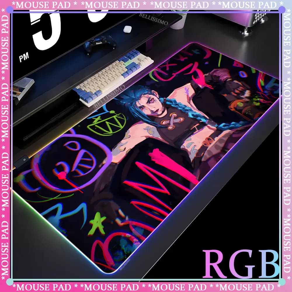 RGB League of Legends MousePad Gamer Jinx Anime Girl LED Accessori per giochi Tappetino per tastiera Tappetini da scrivania grandi Tappetino per mouse luminoso in gomma