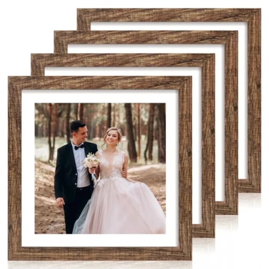 Set di 4 Cornici per Foto con Vetro Temperato, Cornice Rustica per Esporre Immagini con Passepartout o Senza Passepartout, Cornice Quadrata in Legno 12 x 12