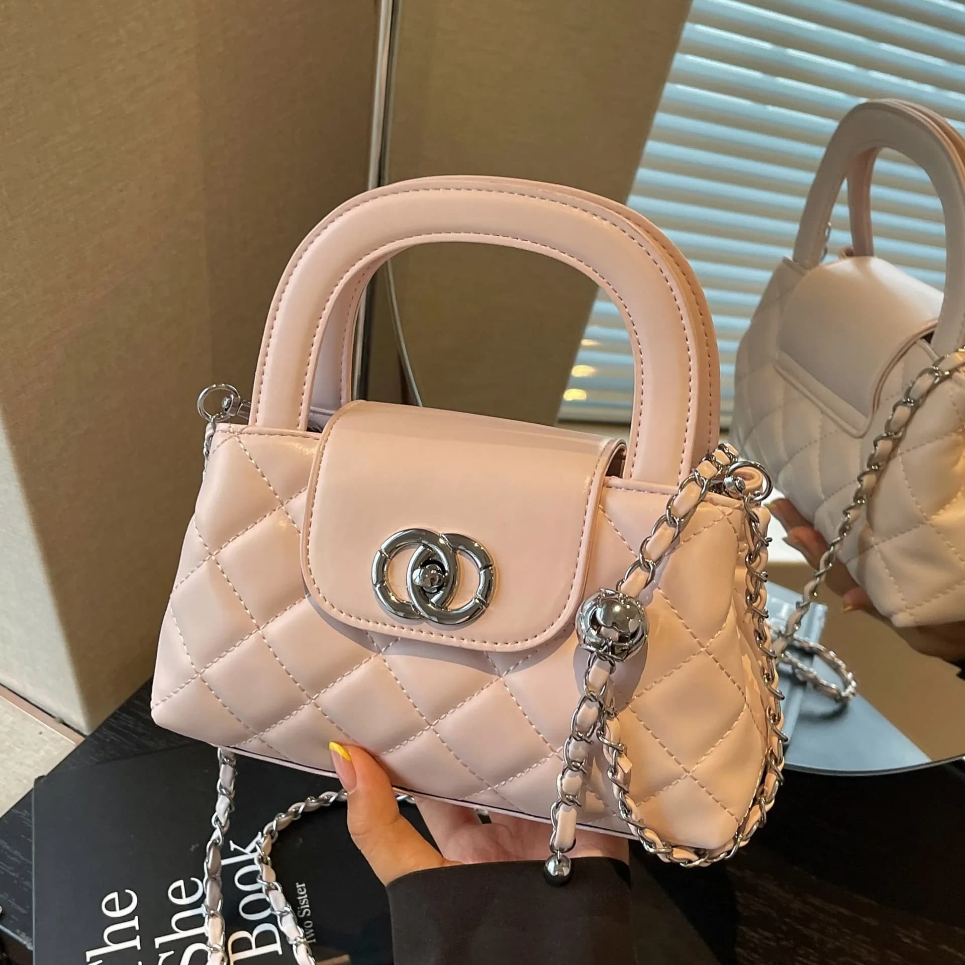Diamond Quilted Mini Handbag, Double Ring Silver Twist Lock, Top Handle & Adjustable Bead Chain Crossbody Strap, Multi-Color Women Daily Shoulder Purse