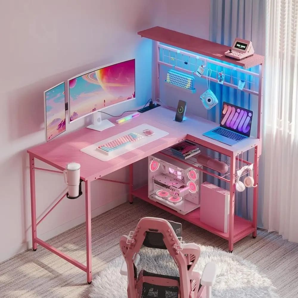 Scrivania da Gaming 42 L, Scrivania per Computer con Prese di Corrente, Luci LED, Scrivania Angolare Reversibile con 4 Ripiani, Portabicchieri e Gancio Appendiabiti