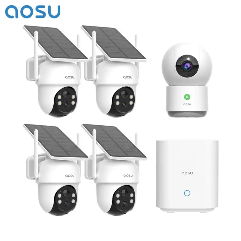 AOSU Sistema di telecamere a batteria solare da 3 MP Kit da 4 telecamere e set di telecamere per baby monitor da interno da 3 MP Sistema di telecamere CCTV