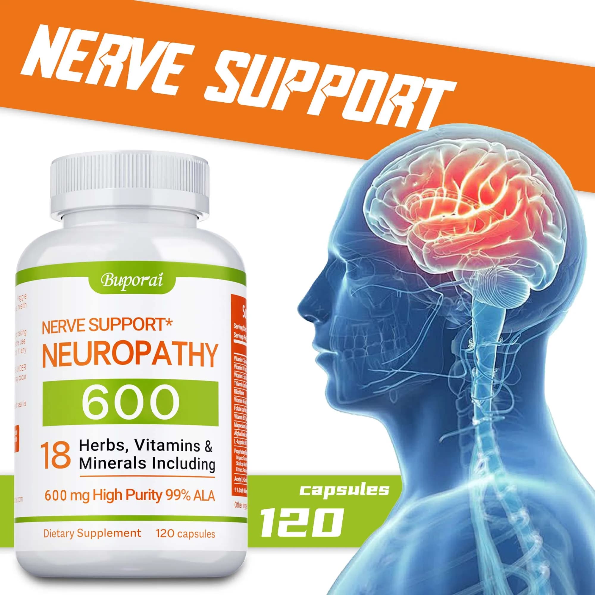 Support supplement for neuropathy 600 mg - Reduces stress, promotes nervous health and brain function, cell energy, non-GMO