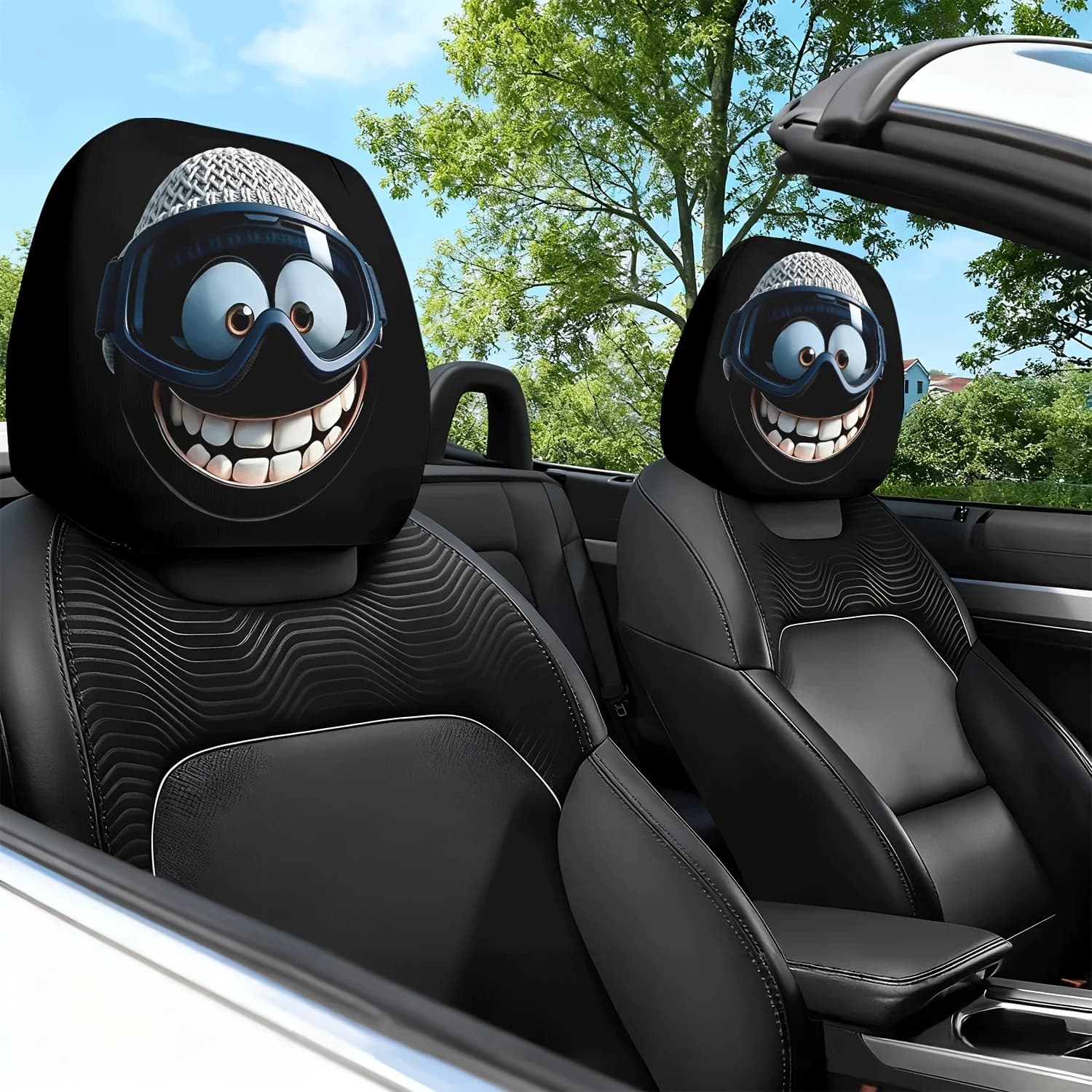 2 occhiali da sci blu con stampa a tema sorriso vivace, coprisedili auto, poggiatesta e protezioni per cuscini cervicali - con un design accattivante
