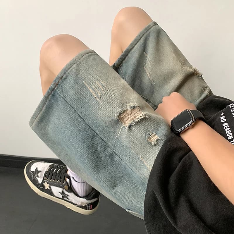Summer Thin Denim Shorts for Men Tear Trendy High Street Teenager Casual Japanese Style Vintage Five-Part Pants Straight Leg