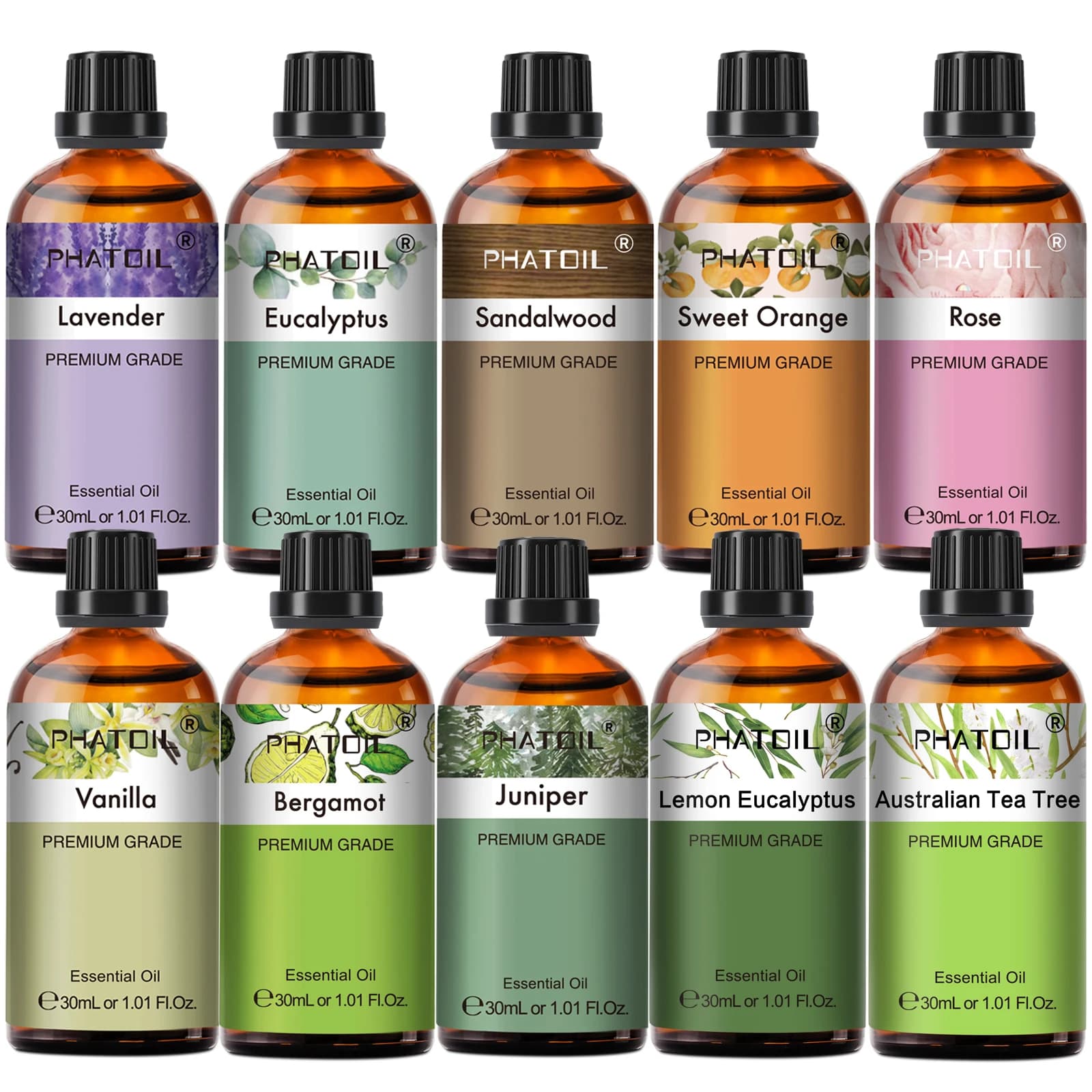 PHATOIL 1PCS Aromaterapia Olio Essenziale 30ml Limone Eucalipto Lavanda Bergamotto Gelsomino Giinepro Rosa Vaniglia Aroma Olio Essenziale