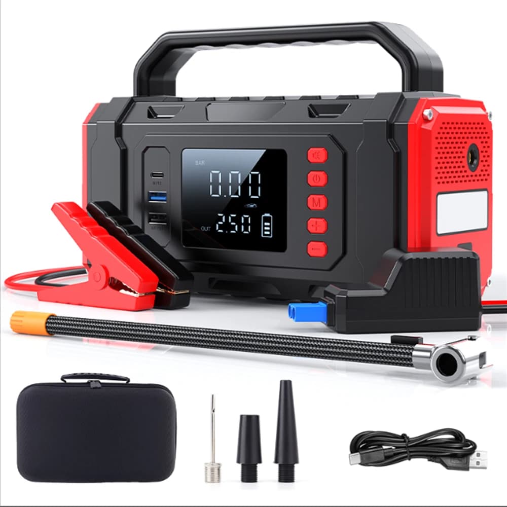 Avviatore d'Emergenza Portatile per Auto 16000mAh con Luce LED, Kit di Emergenza, Power Bank, Gonfiatore Pneumatici, Pompa d'Aria, Ricarica USB-C, Uscita 150W
