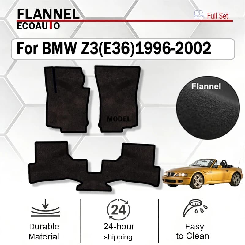 Tappetini per auto in flanella ECOAUTO compatibili con BMW Z3 (E36) 1996-2002, antiscivolo, ignifughi, eleganti, neri