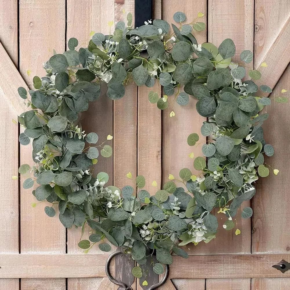 1pc Artificial eucalyptus leaves Green Ghirlanda Fake plant Spring vines with white flowers Baccas for wedding ceremony Home Party Deco