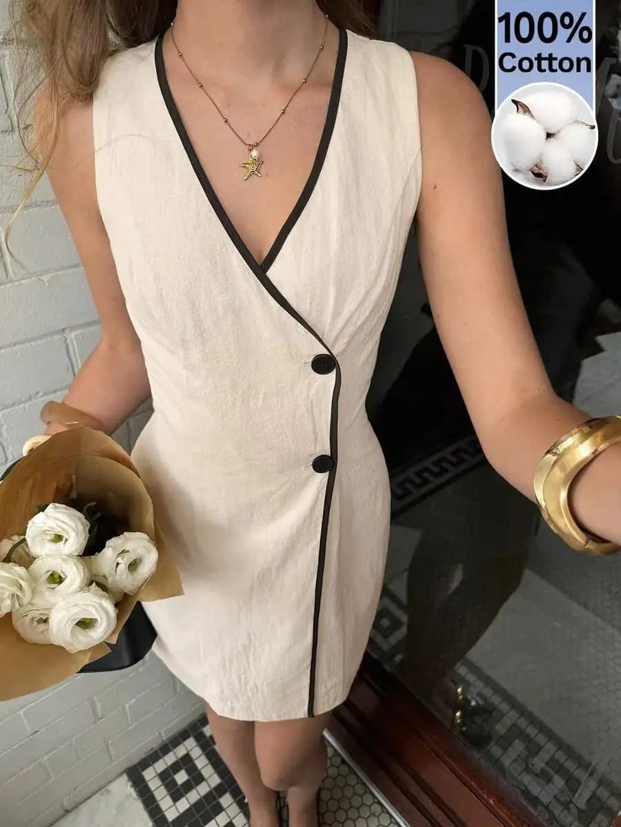 Abito da donna senza maniche in cotone con scollo a V profondo e finiture a contrasto, mini abito casual estivo