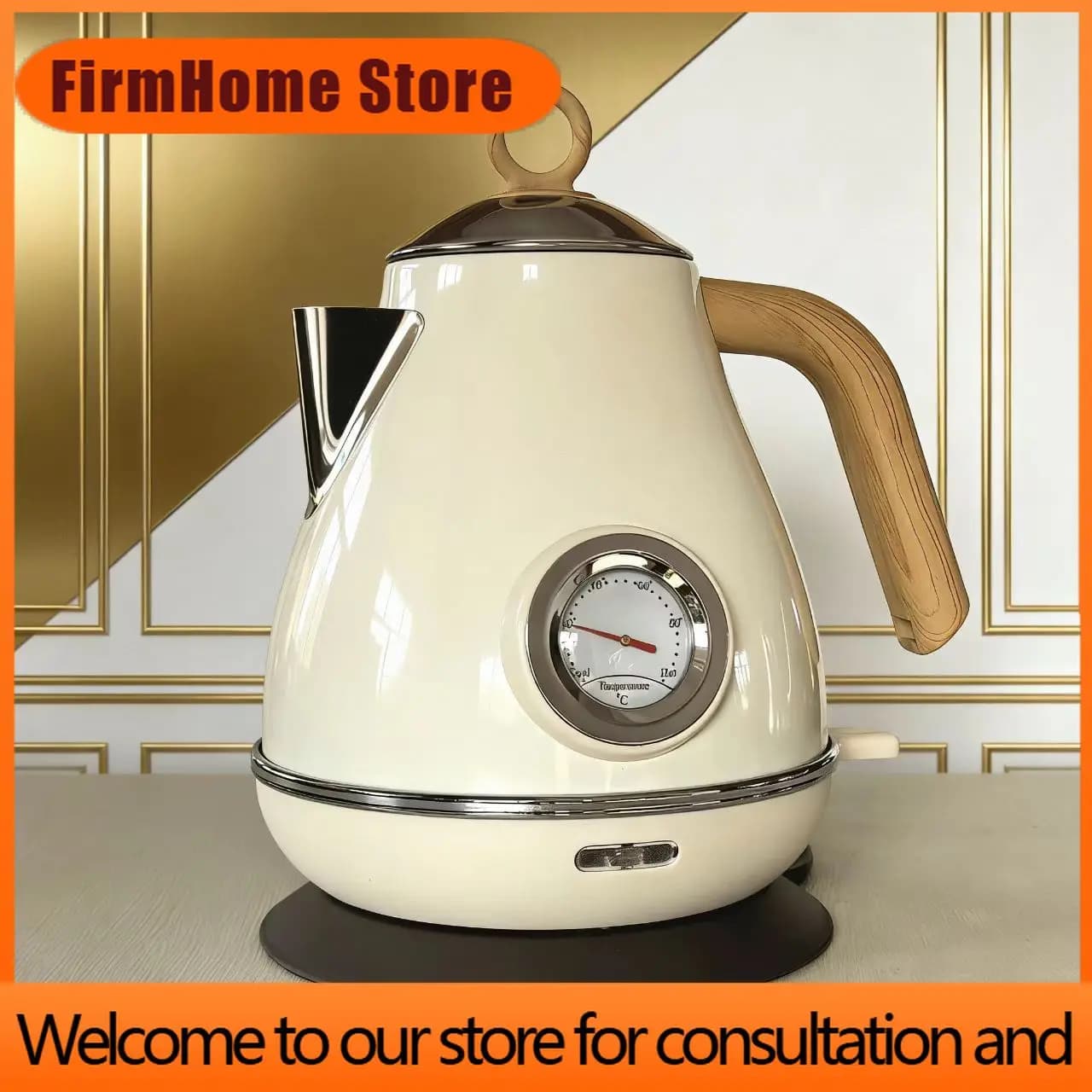 FirmHome Store1.7L Retro Painted Wood Grain Electric Kettle With Thermometer 304 Stainless Steel Kettle Teapot Automatic Power O