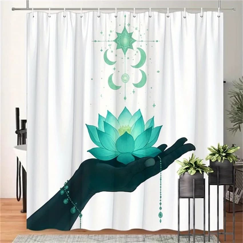 Tenda da doccia Lotus - Illustrazione digitale, Loto verde acqua incandescente e simbolo mistico verde, tema spirituale etereo, poliestere