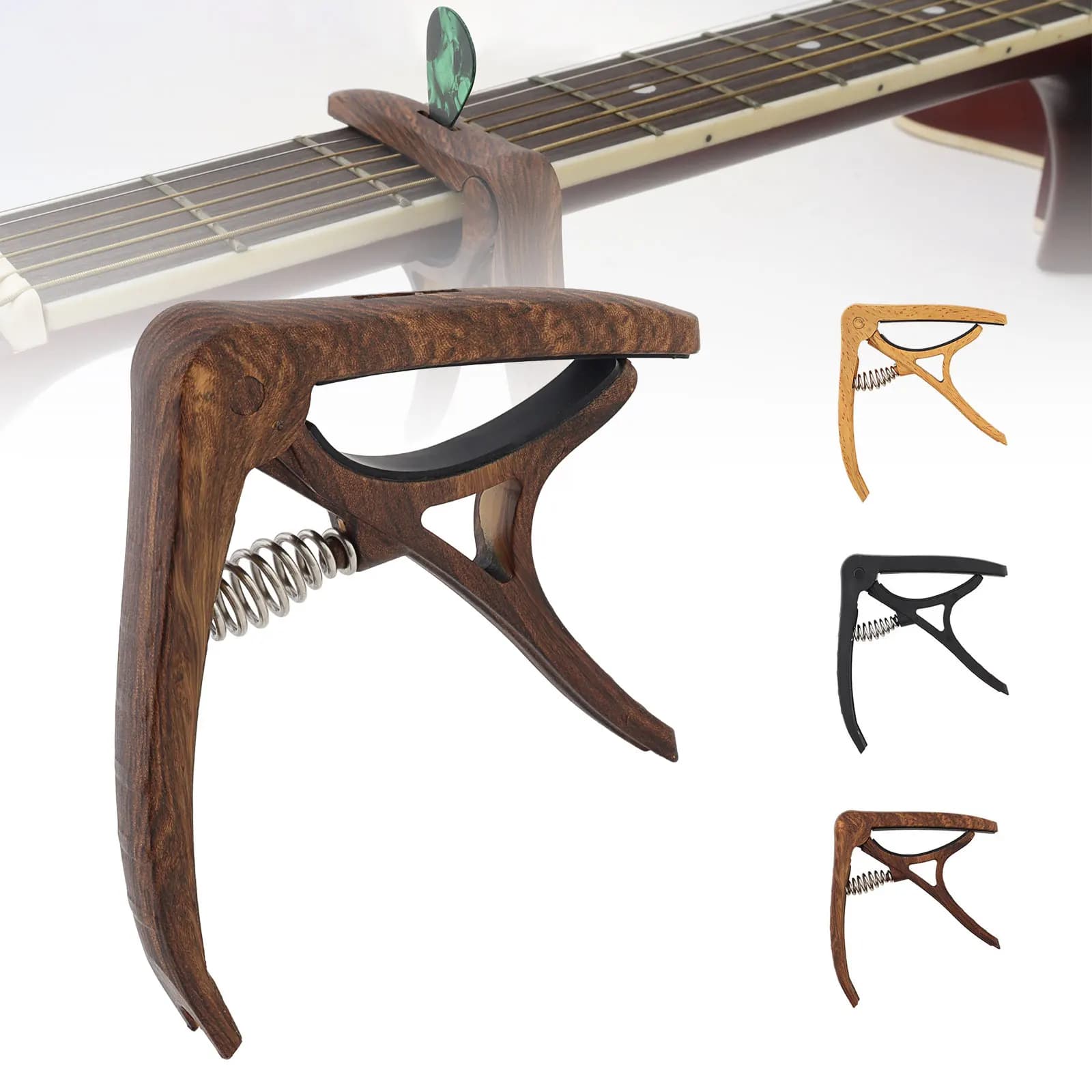 Capotasto per chitarra imitazione venature del legno a sgancio rapido per chitarre acustiche/elettriche/banjo/mandolino/ukulele con supporto per plettro e estrattore perni