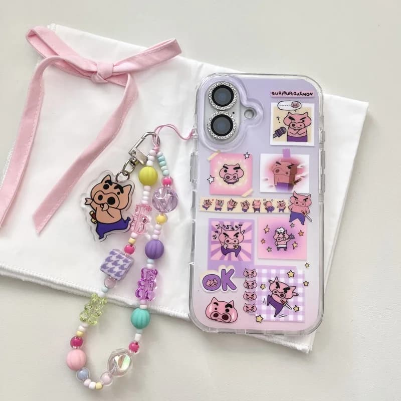 3D Anime Cute comic Cartoon Crayon Shin-chan Buriburizaemon proteggere la custodia del telefono per iPhone 13 14 15 16 Pro Max copertura cordino