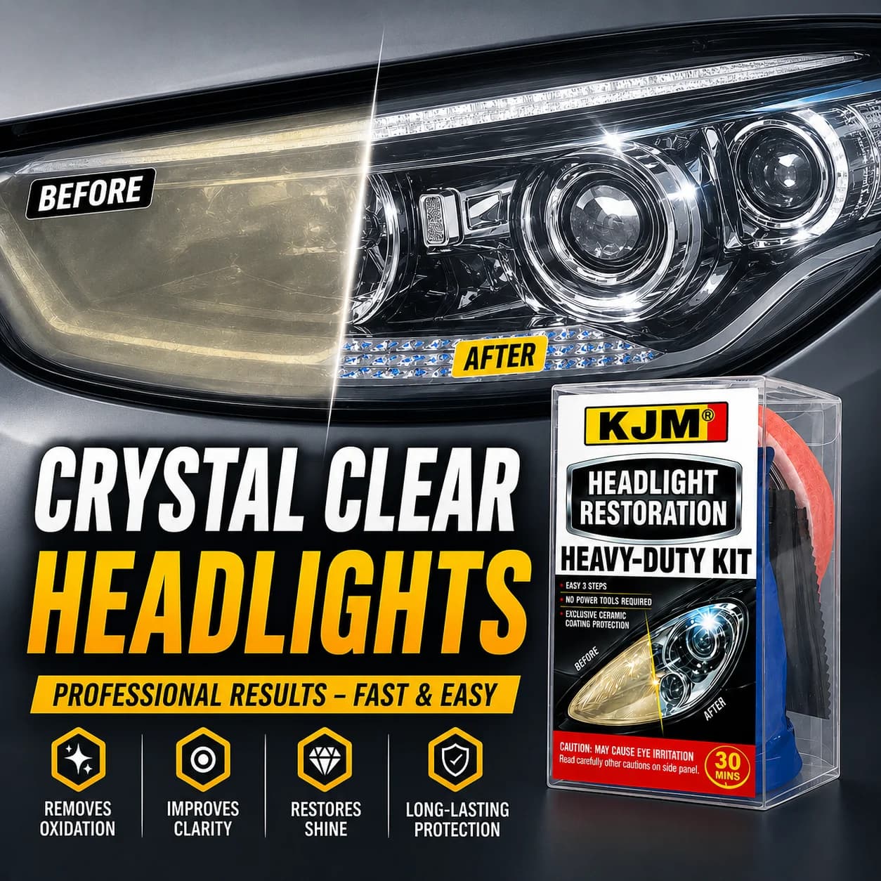 KJM Car Headlight Restoration Kit Plastic Lens Repair Set With Sanding Discs Wax Protectant Tape For Headlights Taillights