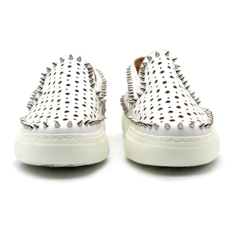 Men White Perforated Slip‑On Platform Sneakers Hollow Out Leather Spikes Rivet Decor Round Toe Punk Street Casual Loafer Shoes
