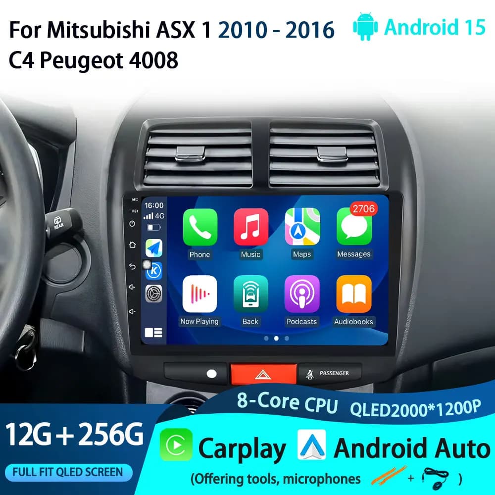 Android 15 per Mitsubishi ASX 1 2010 - 2016 C4 Peugeot 4008 Autoradio Lettore video multimediale Navigazione GPS