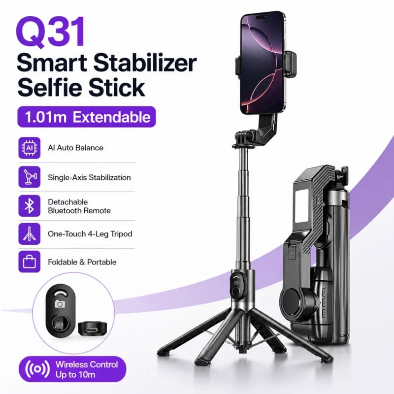 Stabilizzatore Gimbal Monoassiale per Telefono, Asta Selfie Bluetooth Estensibile Anti-Vibrazione con Treppiede per Vlog, Streaming Live e Viaggi