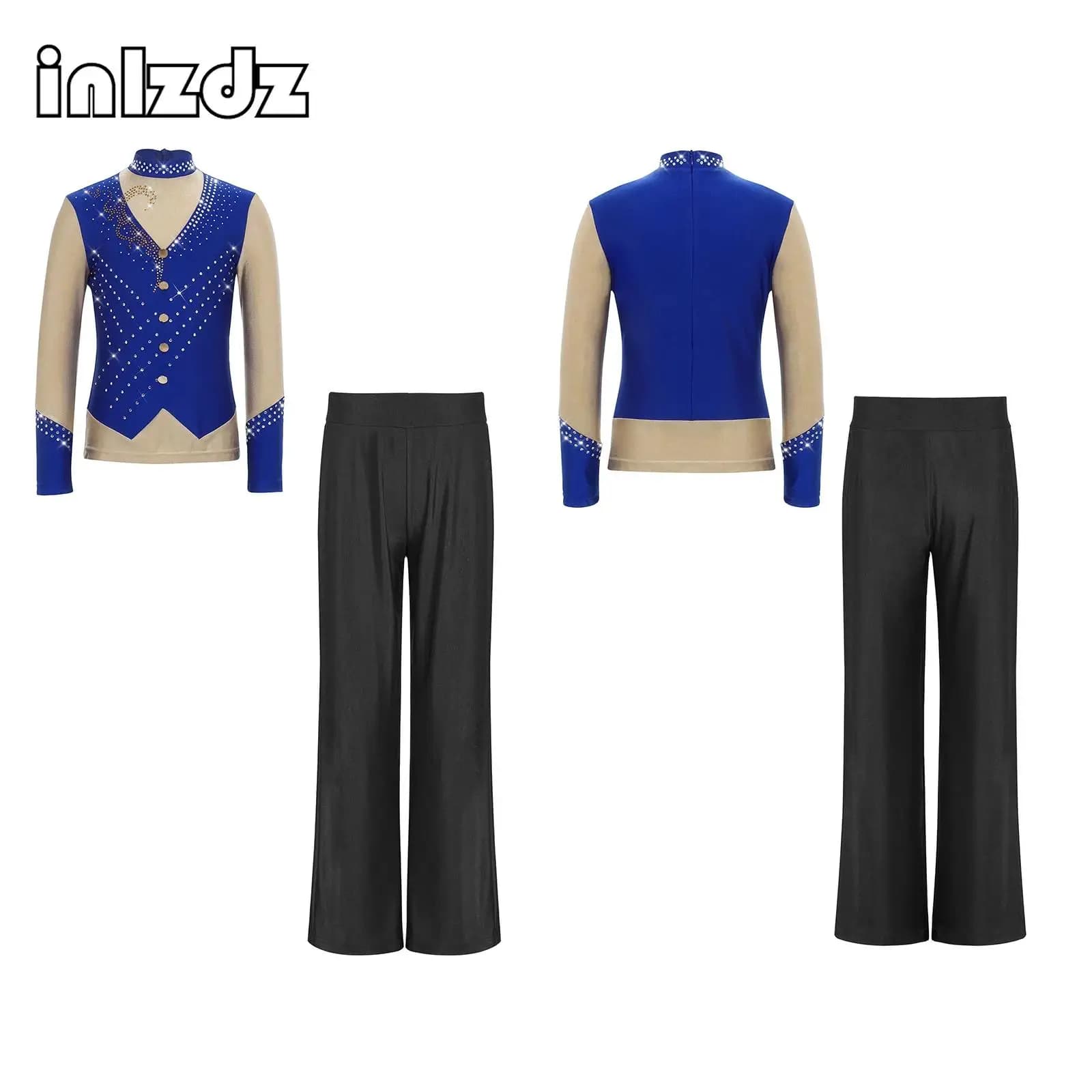 Completo da Pattinaggio Artistico per Ragazzi, 2 Pezzi, Top a Maniche Lunghe con Strass Scintillanti + Pantaloni, Abbigliamento per Allenamento e Performance