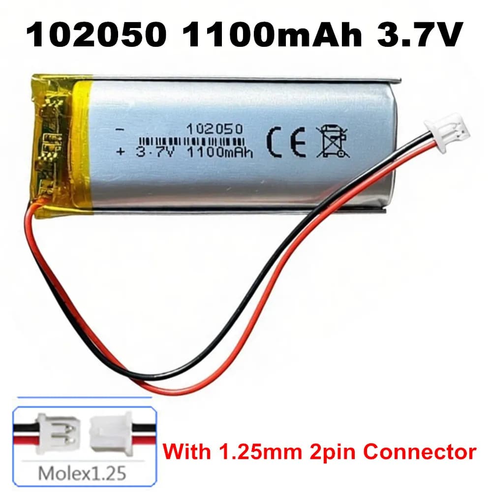 102050 3.7V 1100mAh With JST 1.25mm 2P Plug Lithium Polymer Rechargeable Battery for Beauty Instrument GPS LED Light With PCB