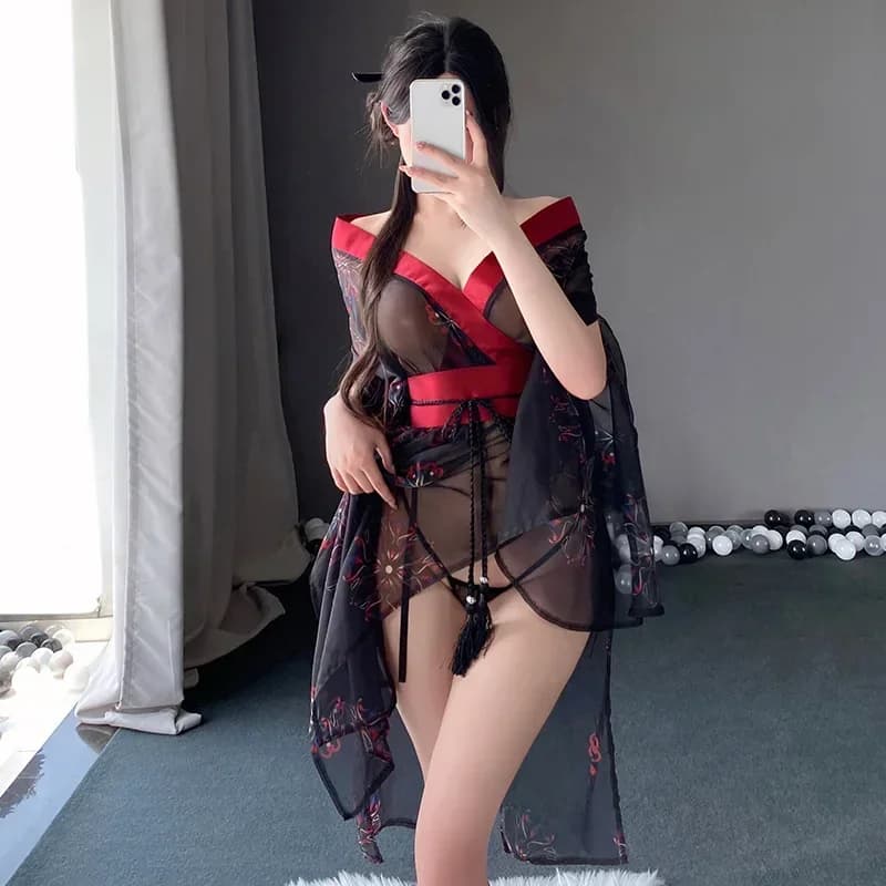 Women's Japanese Kimono Lingerie Sexy Fantasma Printed View through the deep V black dress with panties Set costumes