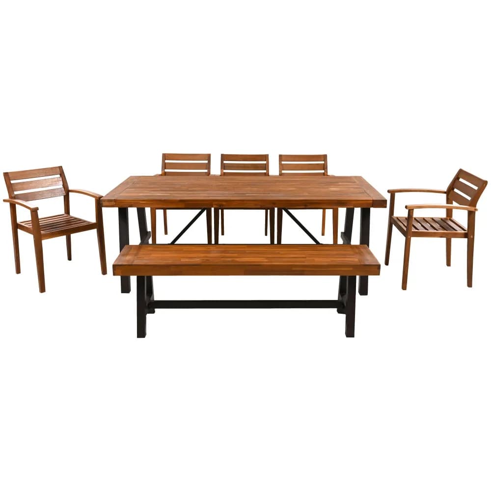 Set da pranzo in legno per esterni GO per 7-8 persone, mobili da pranzo per esterni con cuscini rimovibili, sedie ergonomiche e panca
