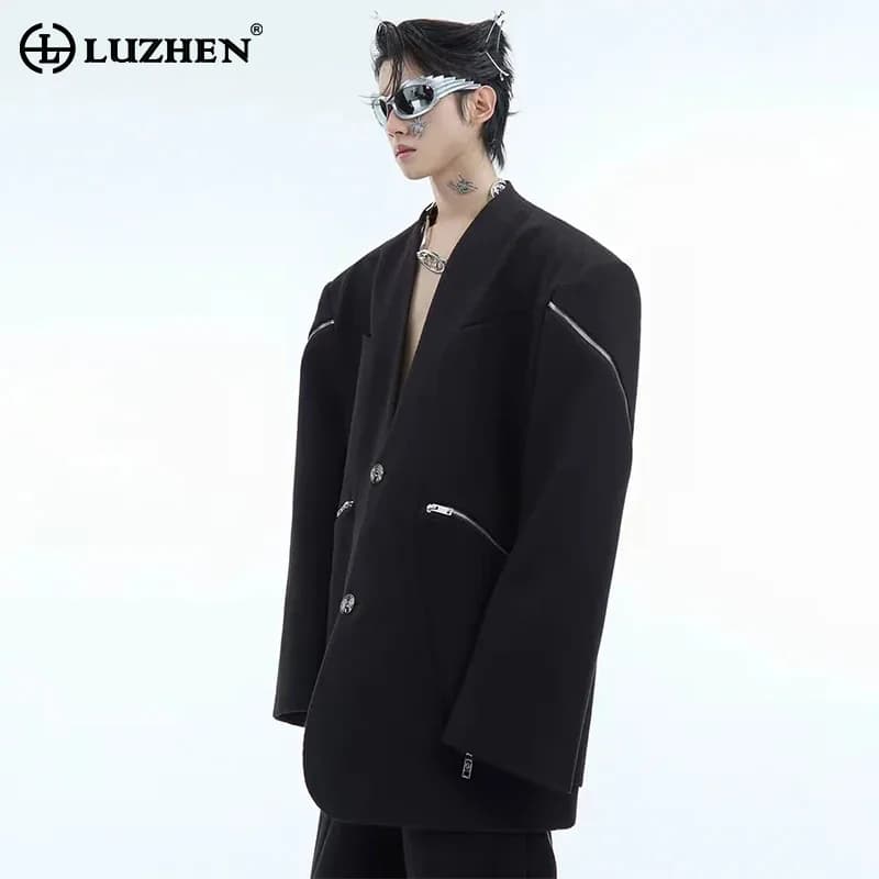 LUZHEN 2026 Primavera Nuovo Blazer Personalizzato con Cerniera Decorativa e Patchwork, Giacca Larga da Uomo alla Moda con Spalline, Elegante Giacca JY6092