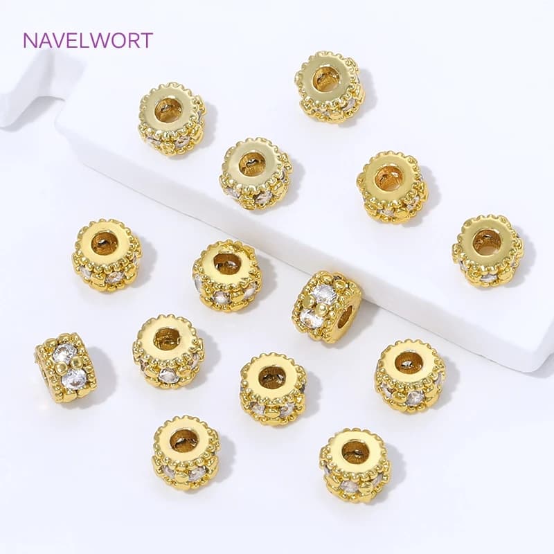 Perline distanziatrici rotonde placcate oro 18 carati da 4,2 mm*3 mm per la creazione di gioielli, separatori con zirconi intarsiati, accessori fai da te per la creazione di braccialetti