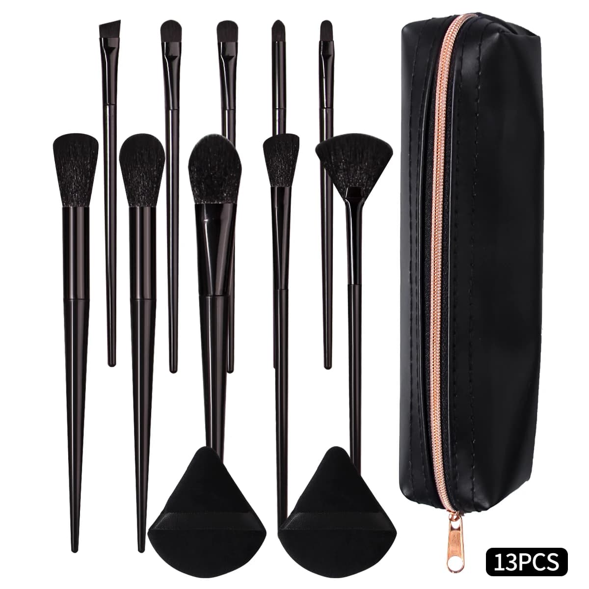 Set di 13 pennelli da trucco neri con borsa e piumini, pennelli professionali per fondotinta, ombretto e fard, kit tutto in uno