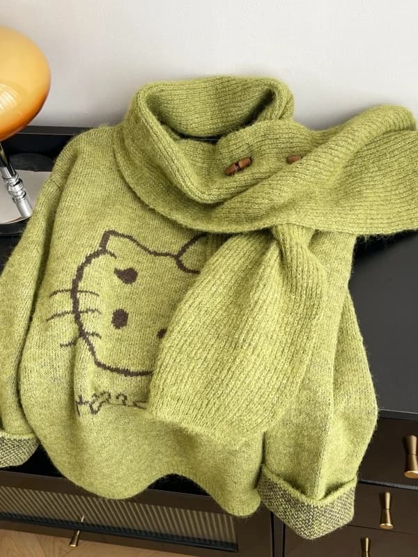 Bear Pattern Sweater And Scarf Two-Piece Set for Women Shoulder-Lengthened Design plus Size Commute Style Loose Fit Long Sleeve