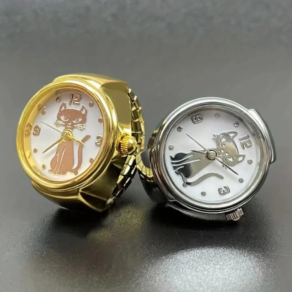 Orologio da Dito di Lusso con Gatto Carino e Lancette Circolari, Orologio al Quarzo Dorato per Donne
