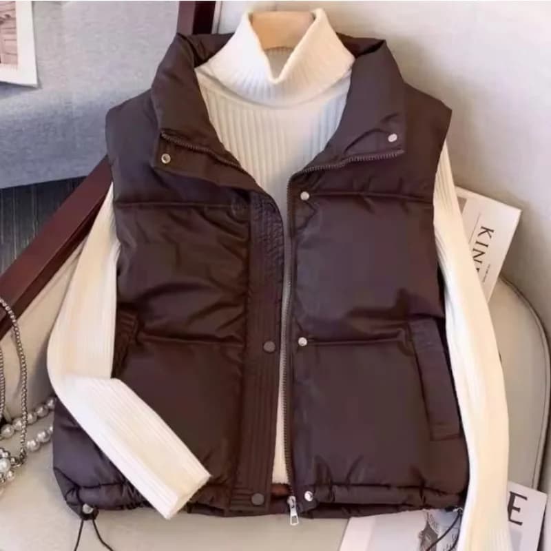 Women's Solid Down Cotton Vest Short Outwear Autumn Winter Fashion Stand Collar Zipper Thicken Commute Waistcoat Jacket