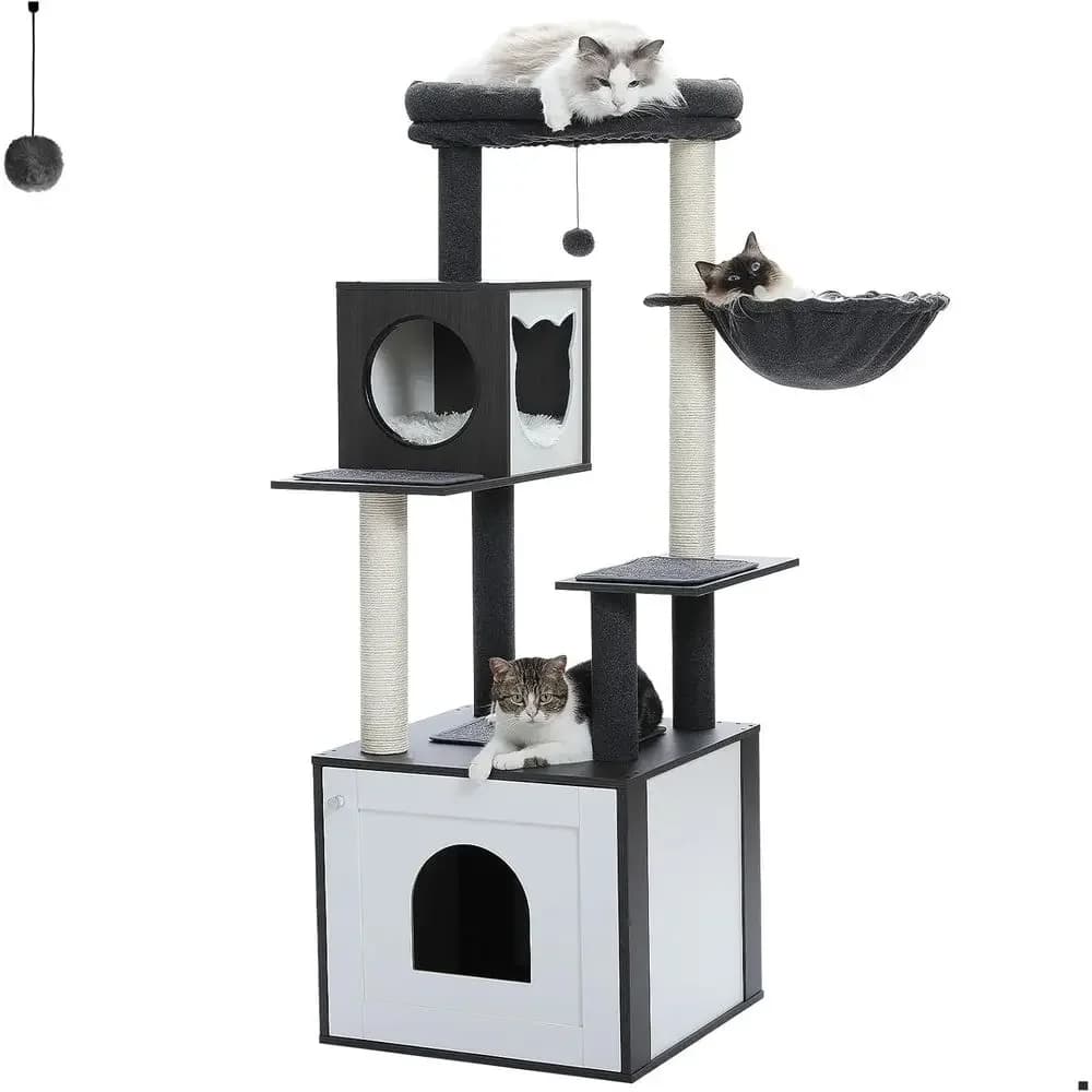 Albero per Gatti Alto 56.7 in Legno con Cassetta Igienica Integrata e Amaca per Gatti di Taglia Grande (Nero)