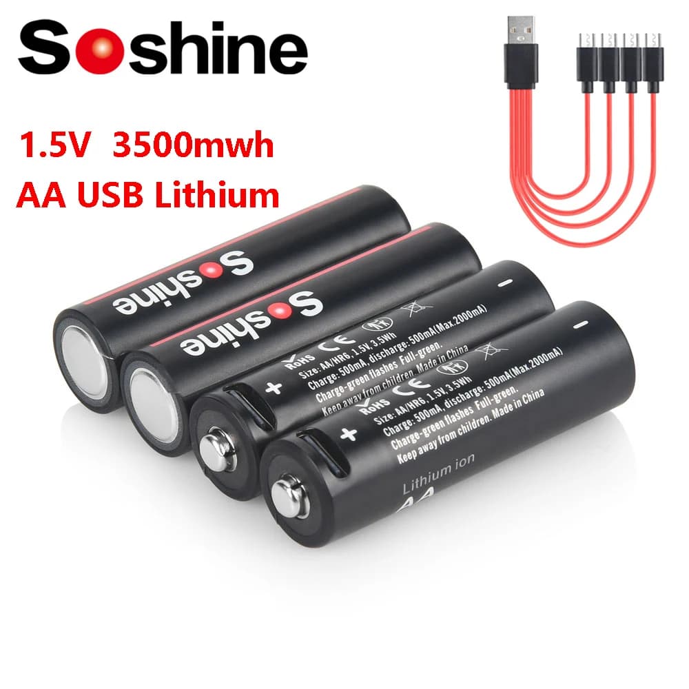 Batteria al litio USB Soshine 1.5V AA 3500mWh batterie ricaricabili con cavo USB 4 in 1 per rilevatore di fumo fotocamera per macchina da gioco