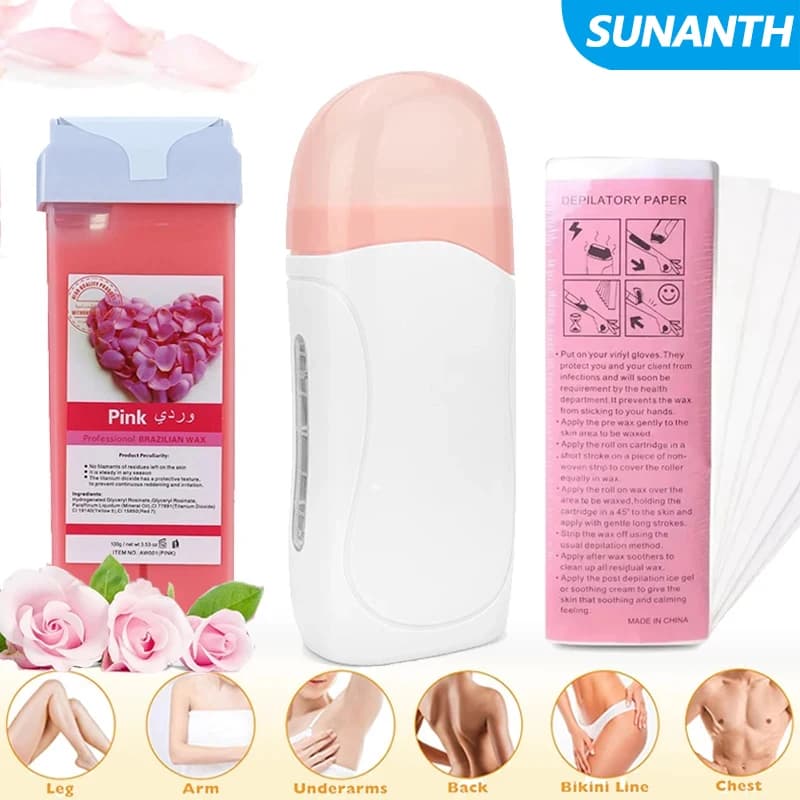 Rose Roll on Crema per cera depilatoria Rullo per depilazione Riscaldatore per cera Ceretta Cartuccia calda Attrezzatura per scaldare Strumento Kit per ceretta Unisex