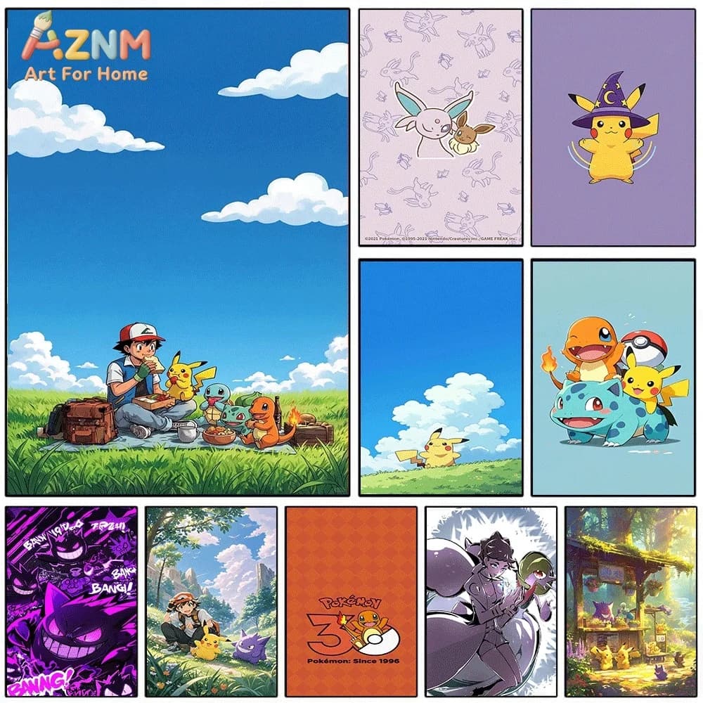 AZNM Pokemon Canvas Wall Art Ash Pikachu Eevee Bulbasaur Charmander Gengar Anime Print Poster for Kids Bedroom Living Room Hom