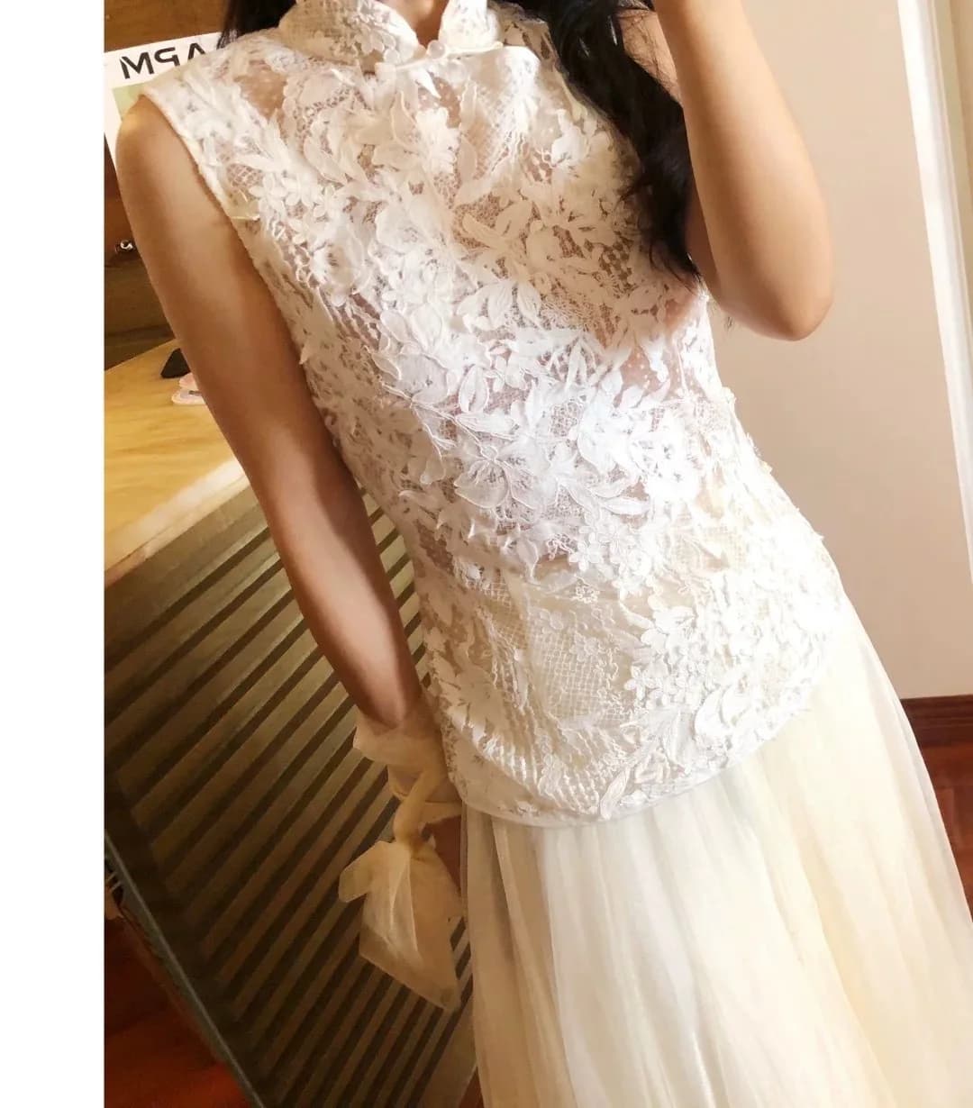 Chinese Style Spring Summer Sleeveless Waist-Cinching Water-Soluble Lace Half Skirt Breathable Gauze Fabric Casual Fashion Set