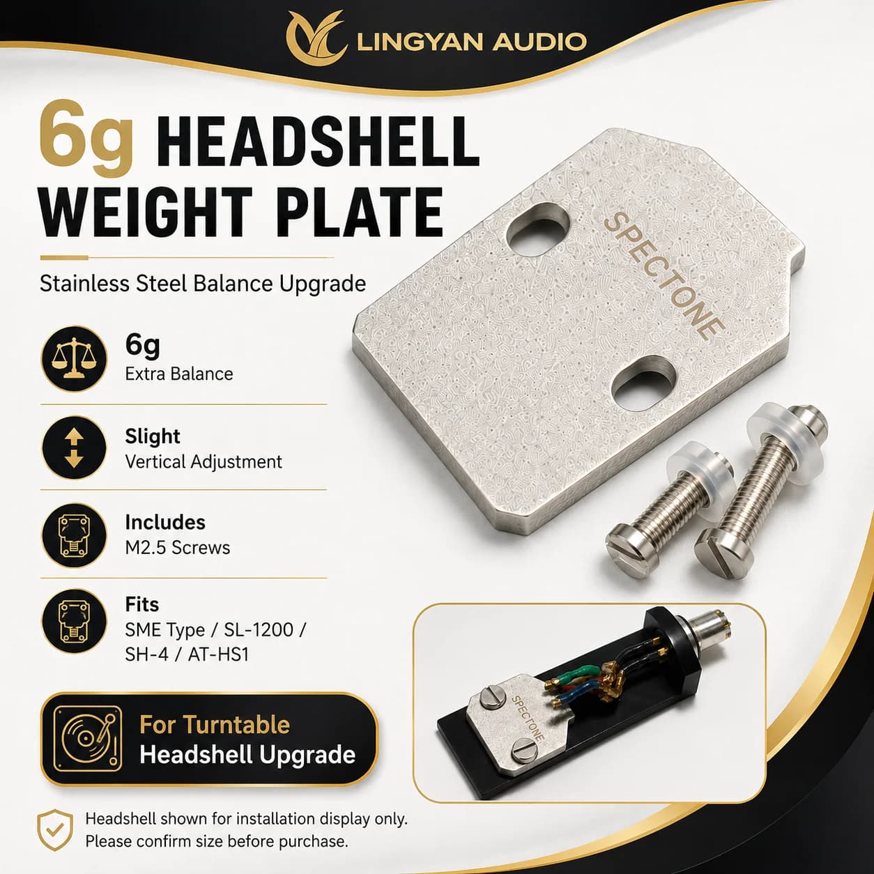 Turntable Headshell 6g Balance Weight Spacer Plate with M2.5 Mounting Screws for Cartridge Alignment and Tonearm Upgrade