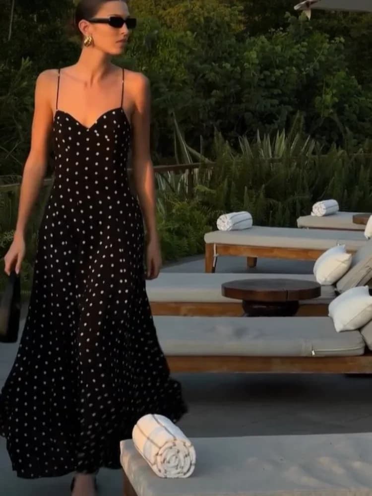 Long dresses with polka dot strap 2024 polka dot-printed summer dress with fringe Maxi streetwear dresses