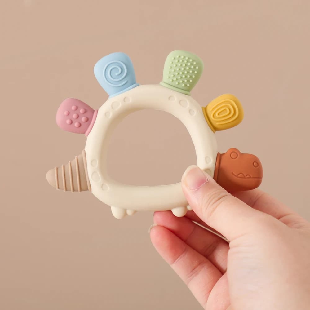 Massaggiagengive per neonati a forma di dinosauro – Giocattoli in silicone alimentare per neonati, giocattoli per la dentizione in silicone dal design testurizzato, regali per neonati facili da afferrare