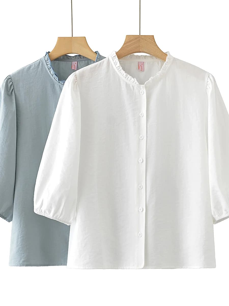 Casual Style Shirt Three Quarter Sleeve Loose Fit Wooden Detailing Slimming Concealing Versatile Spring Summer Fashion