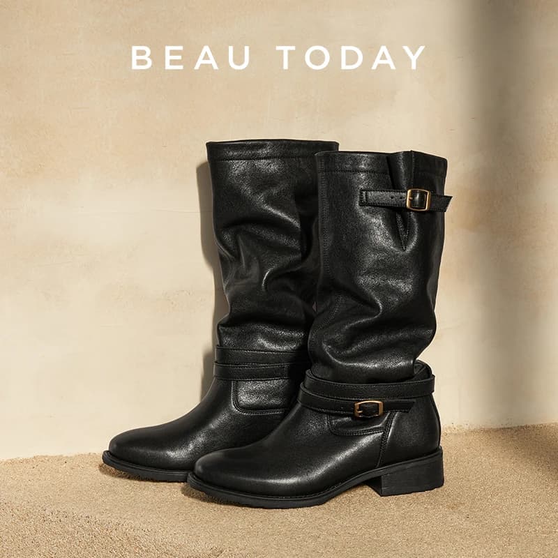 BEAUTODAY Long Boots Women Sheepskin Leather Round Toe Double Buckle Strap Vintage Knight Boots Ladies Shoes Handmade 01707
