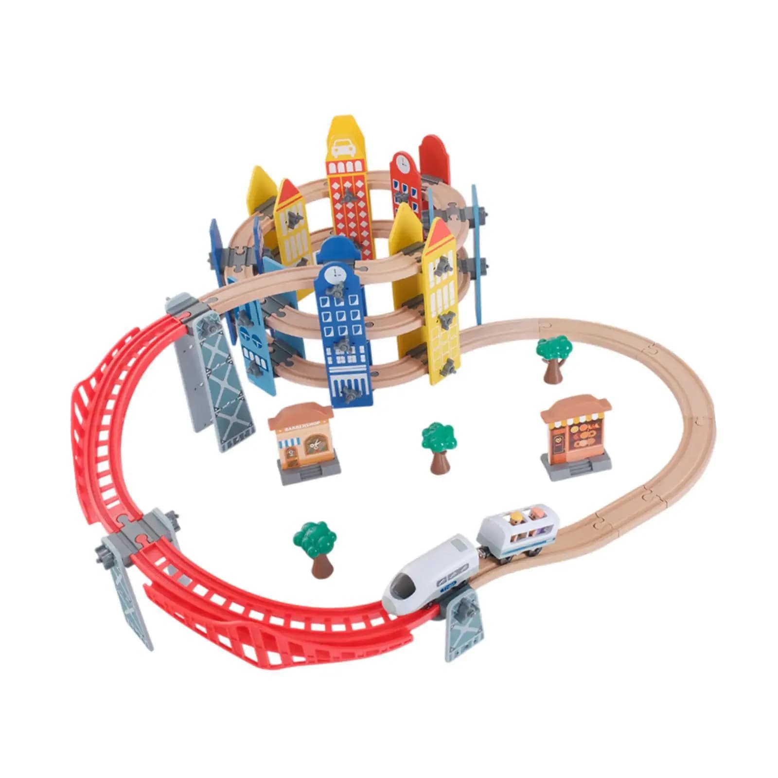 Set Ferroviario in Legno, Giocattolo Educativo Prescolare, Blocchi da Costruzione con Ponte per Bambini