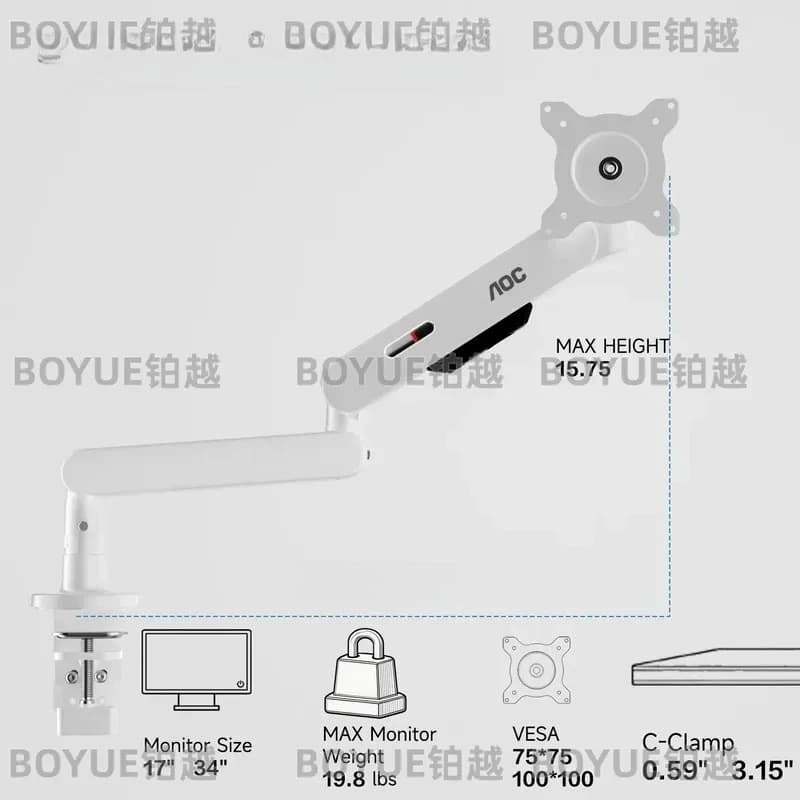 Premium Aluminum Single Monitor Arm Adjustable Desk Mount Stand VESA Clamp Holder for Home Office Computer Display Riser