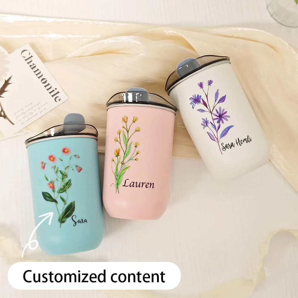 Custom Birth Flower Stainless Steel Tumbler With Flip Lid, Personalized Name Travel Water Cup, Floral Thermal Coffee Cup.