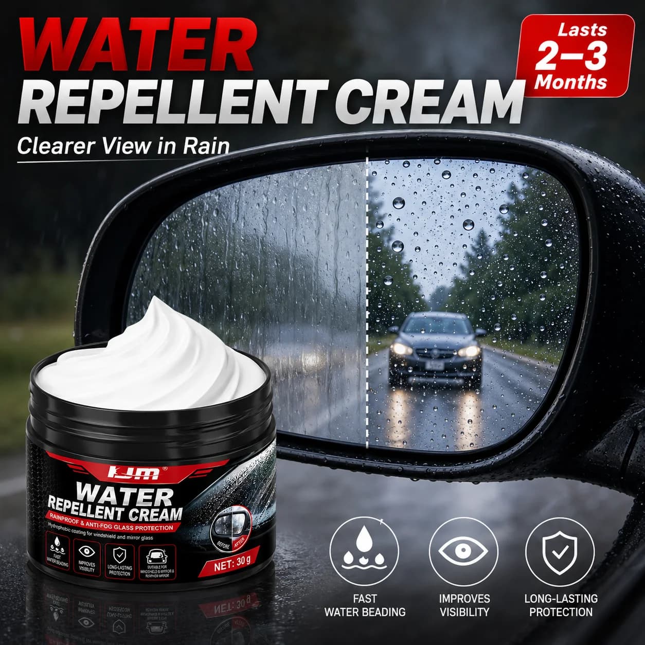 KJM -30g Car Glass Waterproof Paste Nano Hydrophobic Coating Anti Rain Anti Fog For Windshield Mirror Bathroom Glass