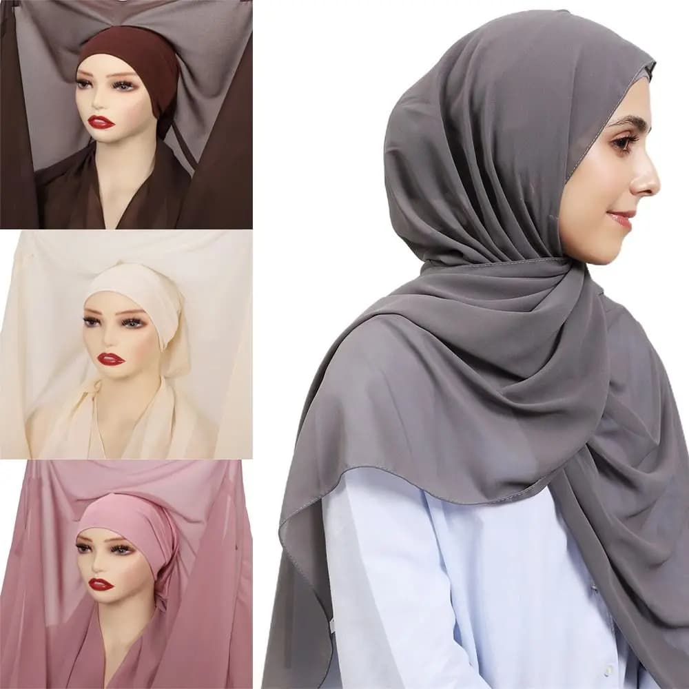 2in1 Instant Chiffon Hijab Scarf Bulit-In Magnets Solid Color Women Chiffon Shawl Comfortable Breathable Muslim Long Headscarf
