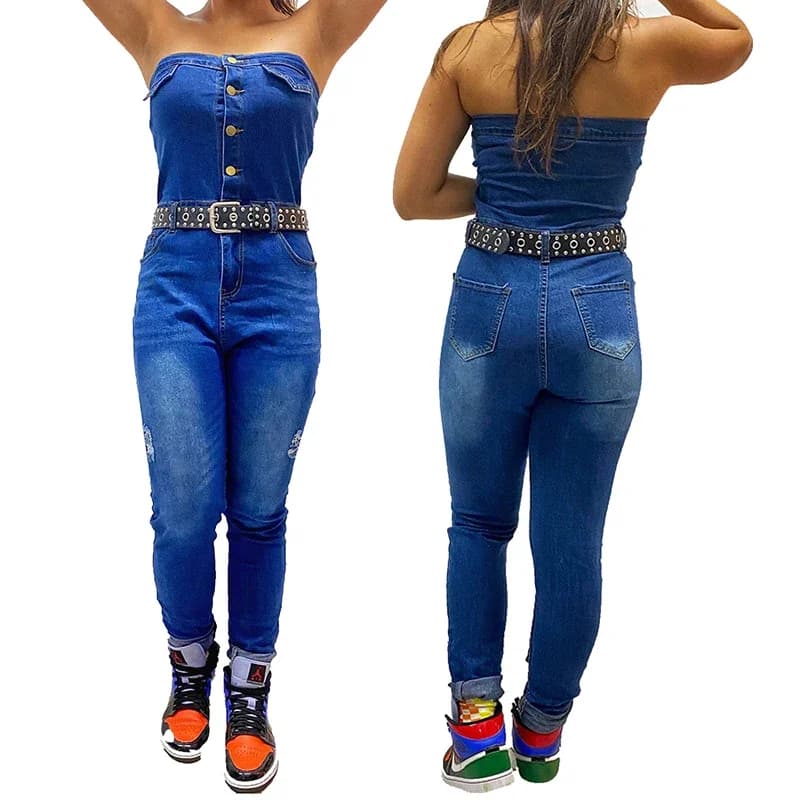 Tute da donna con spalle scoperte Jeans Tute Pagliaccetti Moda Bottoni senza spalline Tute da donna lunghe e sottili in denim